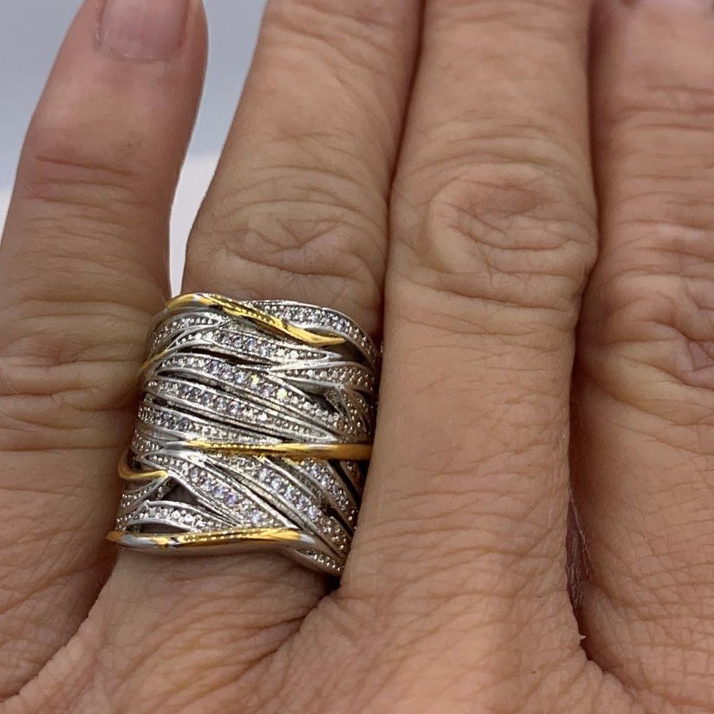 Ring, Solid Sterling 925, Sz 9 And 7, Pave Gems, Gold Accents, Cigar Band